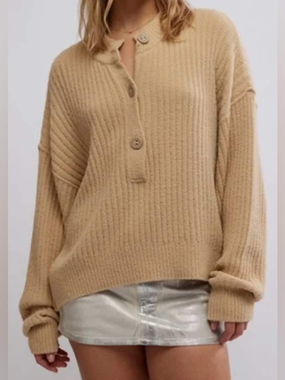 Free People Ribbed Cocoa Henley Cropped Oversized “Sugar Cookie” Sweater XS